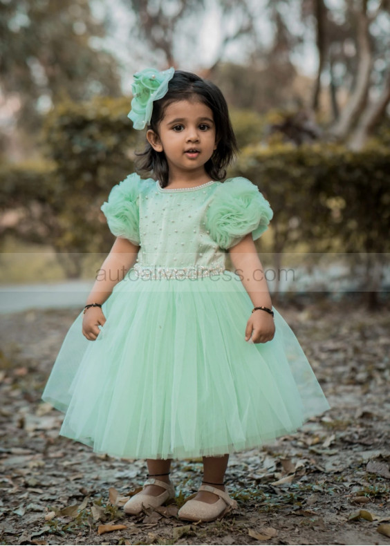 Short Sleeves Mint Tulle Pearls Beaded Fashion Flower Girl Dress